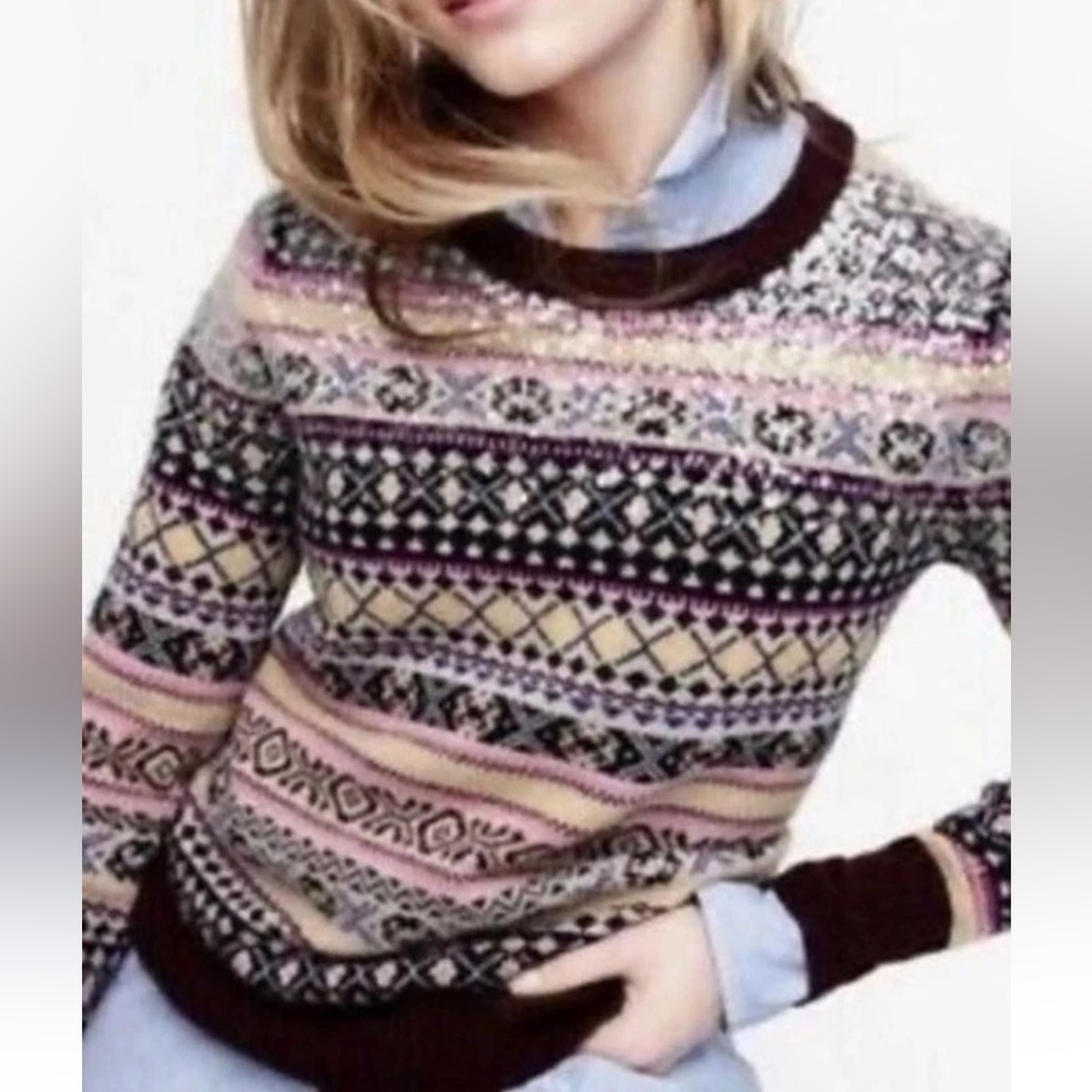 NEW Crew Women's Patterned Wool Crew Neck Sweater - Multicolor Sz XXS
